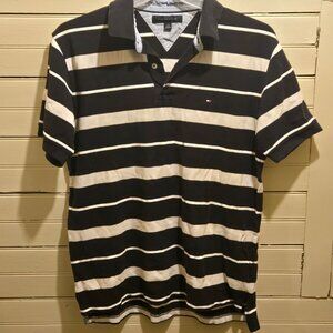 Tommy Hilfiger Polo Mens L Black White Stripe Short Sleeve Classic Logo Casual
